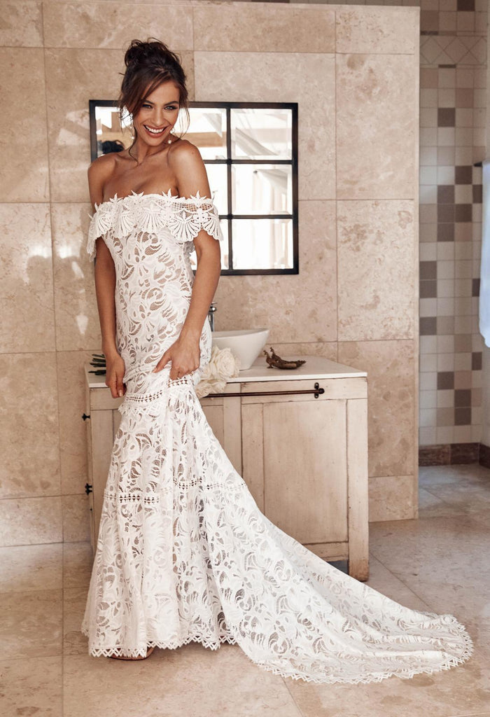 Off the Shoulder Lace Mermaid Wedding Dress, Cheap Bridal Dress PDP72