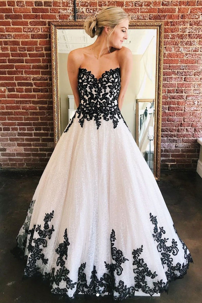 Chic A Line Sweetheart Strapless Long Elegant Prom Dress With Black Lace Appliques PD195