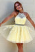 A Line Halter Yellow Lace Appliques Homecoming Dress, Short Prom Dresses PDQ8