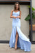 Light Blue V Neck Mermaid Backless Prom Dresses with Split, Simple Formal Dresses TD89