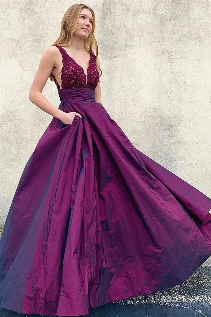 Simple A-line V Neck Purple Straps Prom Dresses, Satin Lace Top Formal Dresses PD180