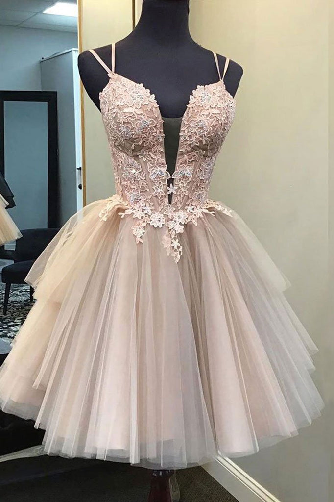 A Line Tulle Lace Appliques Short Homecoming Dress, Cute Prom Dresses PDQ6