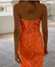 Elegant Orange Mermaid V Neck Lace Prom Dresses Long Spaghetti Straps Formal Gown OM0116