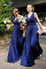 Simple V-Neck Long Royal Blue A Line Pleats Bridesmaid Dress PPD98