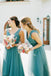 High-Low Teal V Neck A Line Bridesmaid Dress with Pleats PPD96