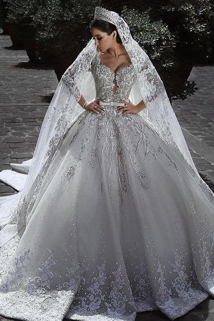 Princess Long Sleeves A Line Ball Gown Wedding Dresses With Applique PDE70