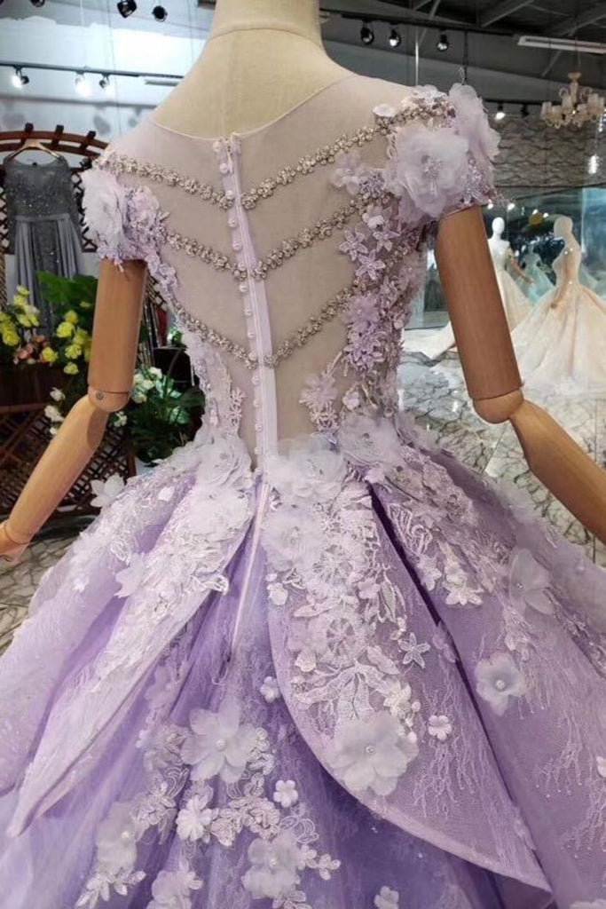 Lilac Short Sleeves Lace Up Back Appliques Tulle Princess Prom Dresses PDL20