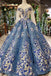 Scoop Long Sleeves Lace Up Back Blue Appliques Prom Dresses PDL23