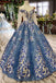 Scoop Long Sleeves Lace Up Back Blue Appliques Prom Dresses PDL23