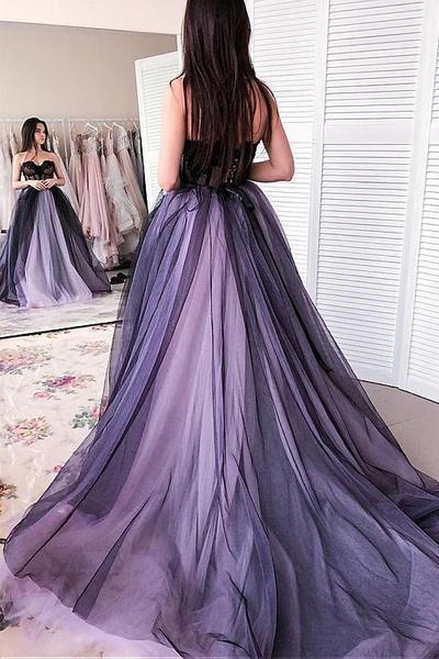 New Arrival Sweetheart Long Tulle Sleeveless Lilac Black Prom Dress with Appliques PDH42