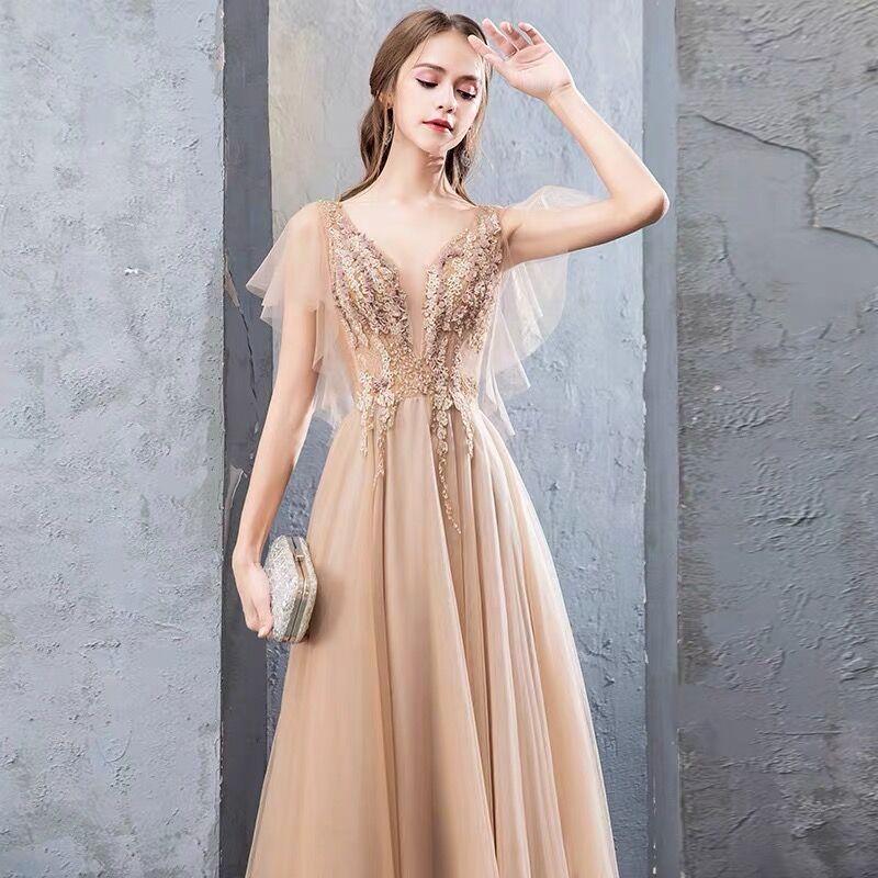 Charming A-Line Short Sleeves Tulle Prom Dresses Long Evening Gown With Beading TD56