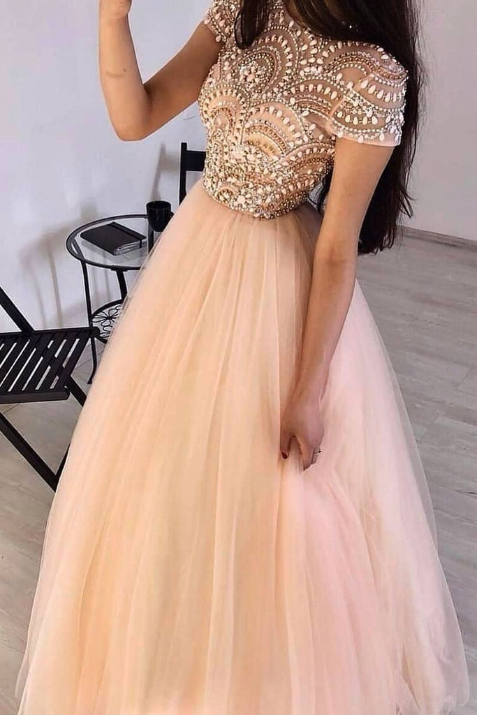 Pink Tulle Beads Long Prom Dress A Line Formal Evening Dress PDP61