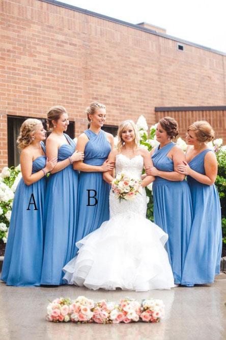 A-Line One-Shoulder Floor-Length Blue Ruched Chiffon Bridesmaid Dress PDS46