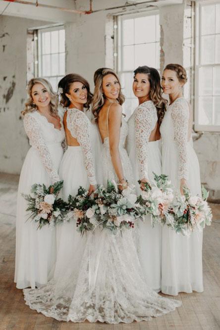 A-Line Open Back Long Sleeves Chiffon Long Bridesmaid Dress with Lace PDS39
