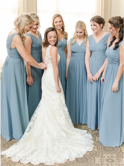 A-Line V-Neck Floor-Length Dusty Blue Chiffon Simple Bridesmaid Dress with Ruched PDS40