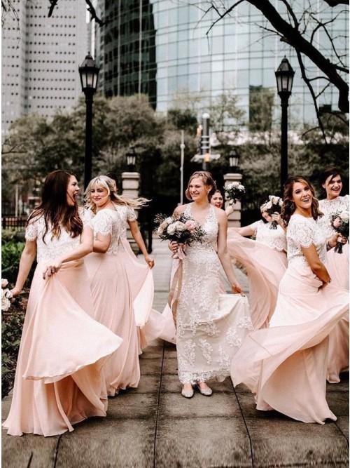 A Line Two Piece Short Sleeves Floor-Length Pink Bridesmaid Dress with Lace PDR89