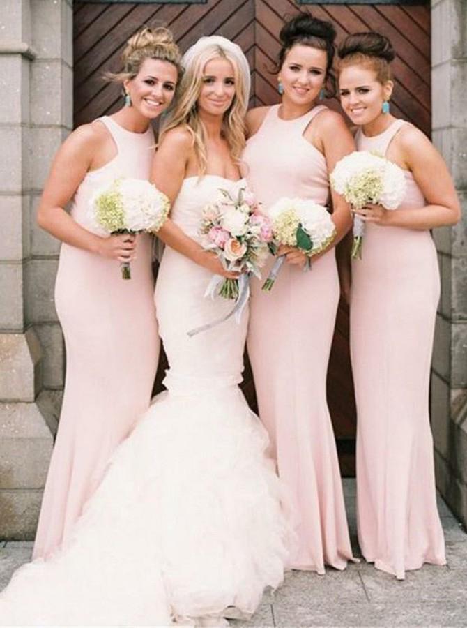 Cheap Jewel Pearl Pink Halter Mermaid Bridesmaid Dresses, Wedding Party Dresses BD15