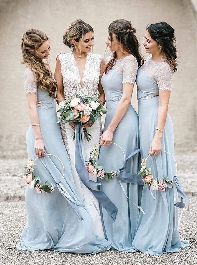 Charming Sheath Round Neck Lace Short Sleeves Light Blue Bridesmaid Dresses Prom Dress BD26