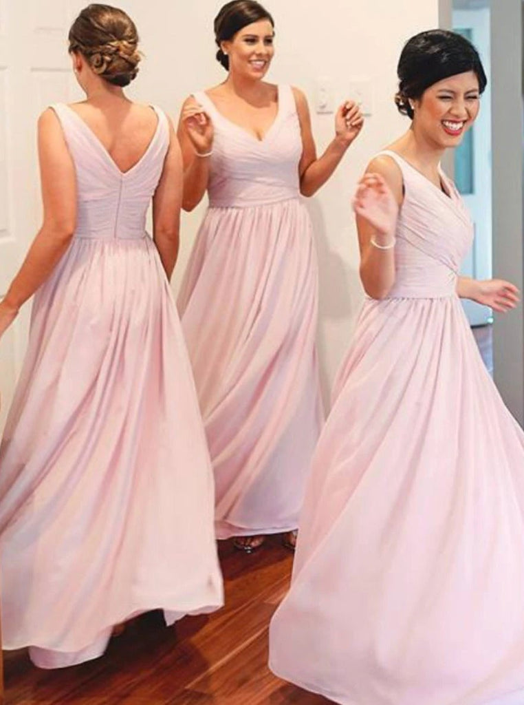 Simple A-Line V-neck Straps Ruched Pink Chiffon Long Zipper Bridesmaid Dresses BD07