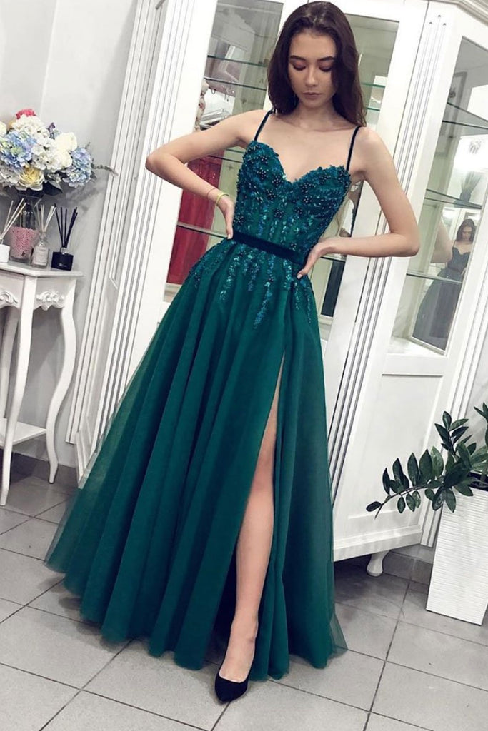 Green A Line Tulle Spaghetti Straps Beaded Long Prom Dress PDP76