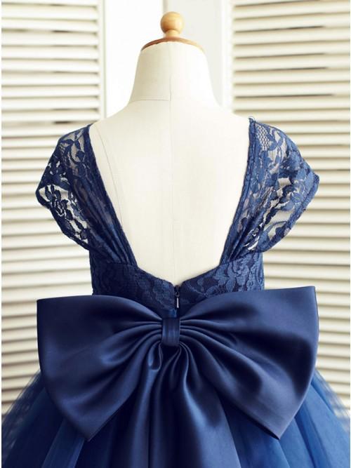 A-Line Square Neck Cap Sleeves Dark Blue Flower Girl Dress with Lace Bowknot PDP16