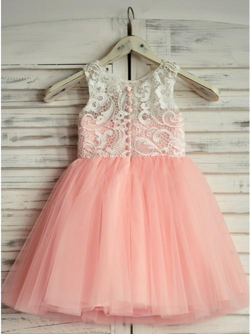 A-Line Round Neck Floor-Length Pink Flower Girl Dress with Lace PDP19