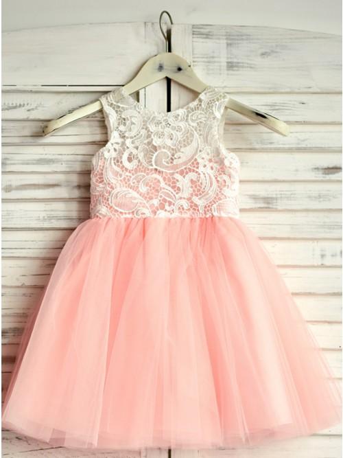 A-Line Round Neck Floor-Length Pink Flower Girl Dress with Lace PDP19
