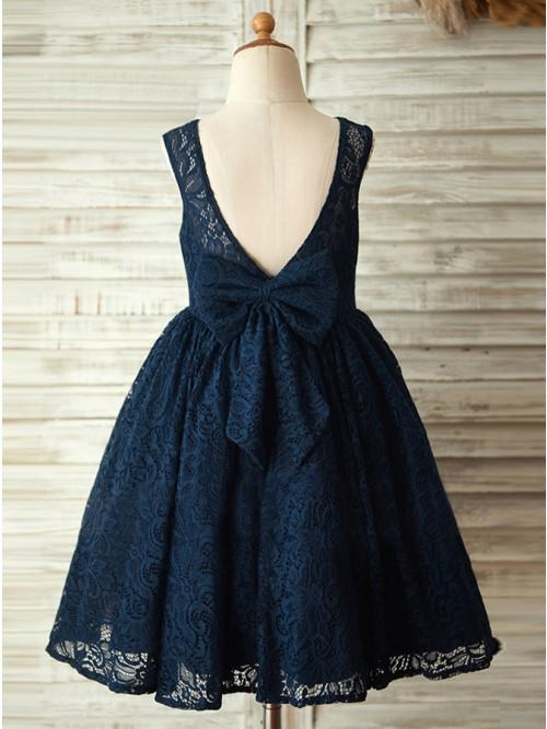 A-Line Round Neck Backless Navy Blue Lace Flower Girl Dress with Bowknot PDP17