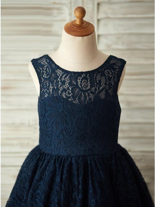 A-Line Round Neck Backless Navy Blue Lace Flower Girl Dress with Bowknot PDP17
