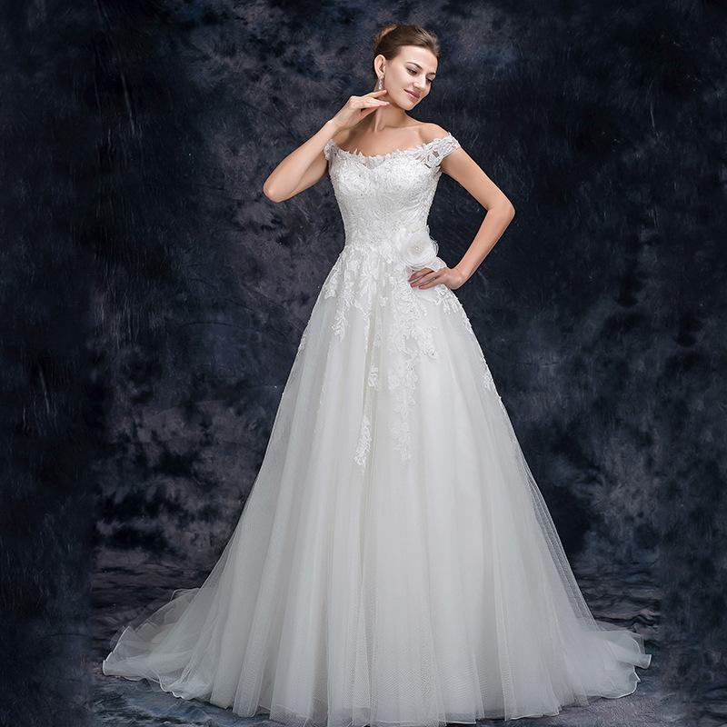 A Line Off the Shoulder Appliques Tulle Long Wedding Dress, Bridal Dresses PDQ26
