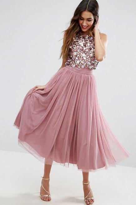 Jewel Neck Tea Length Dusty Rose A Line Homecoming Dress PDO24