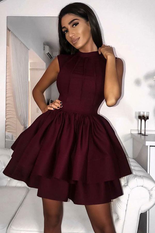 Cute Burgundy High Neck Short Homecoming Dresses With Tiered Skirt PPD44