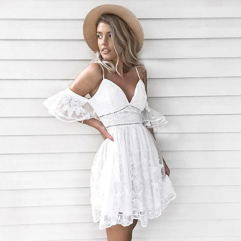 A-Line Spaghetti Straps Short White Lace Homecoming Dress PPD7