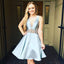 A-Line V-neck Light Blue Satin Homecoming Dress with Beading PPD18
