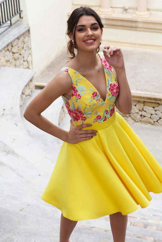 V Neck Backless Floral Embroidery Daffodil Homecoming Dress PDN36