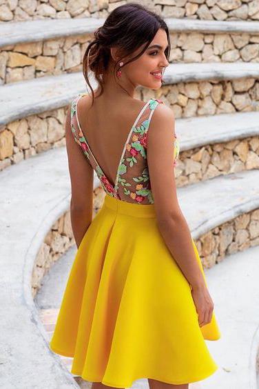 V Neck Backless Floral Embroidery Daffodil Homecoming Dress PDN36