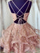 Chic Deep V-neck Pink Tiered Homecoming Dress with Beading Appliques PDO38