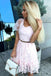 V-neck Short Sleeves Pink Lace Homecoming Party Dress with Belt PDO67