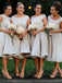 Chic Lace Cap Sleeves Off the Shoulder Knee Length Grey Satin Bridesmaid Dresses BD18