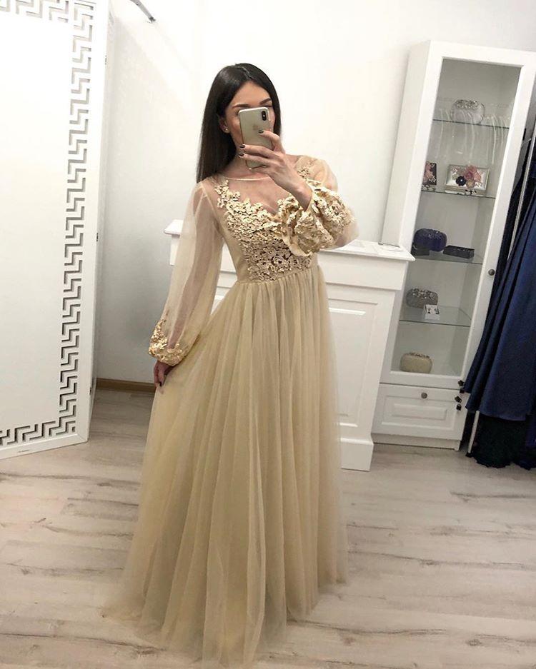Stunning A Line Long Sleeve Tulle Appliques Prom Dresses PDH59