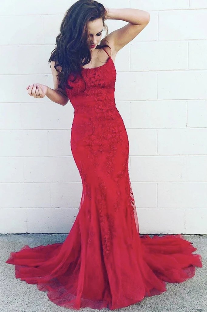 Elegant Mermaid Spaghetti Straps Lace Long Prom Dress Burgundy Tulle Evening Dress TD98