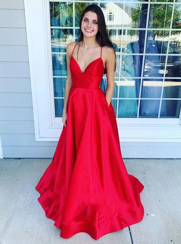Simple A Line V Neck Spaghetti Straps Red Backless Prom Evening Dresses with Pockets TD11
