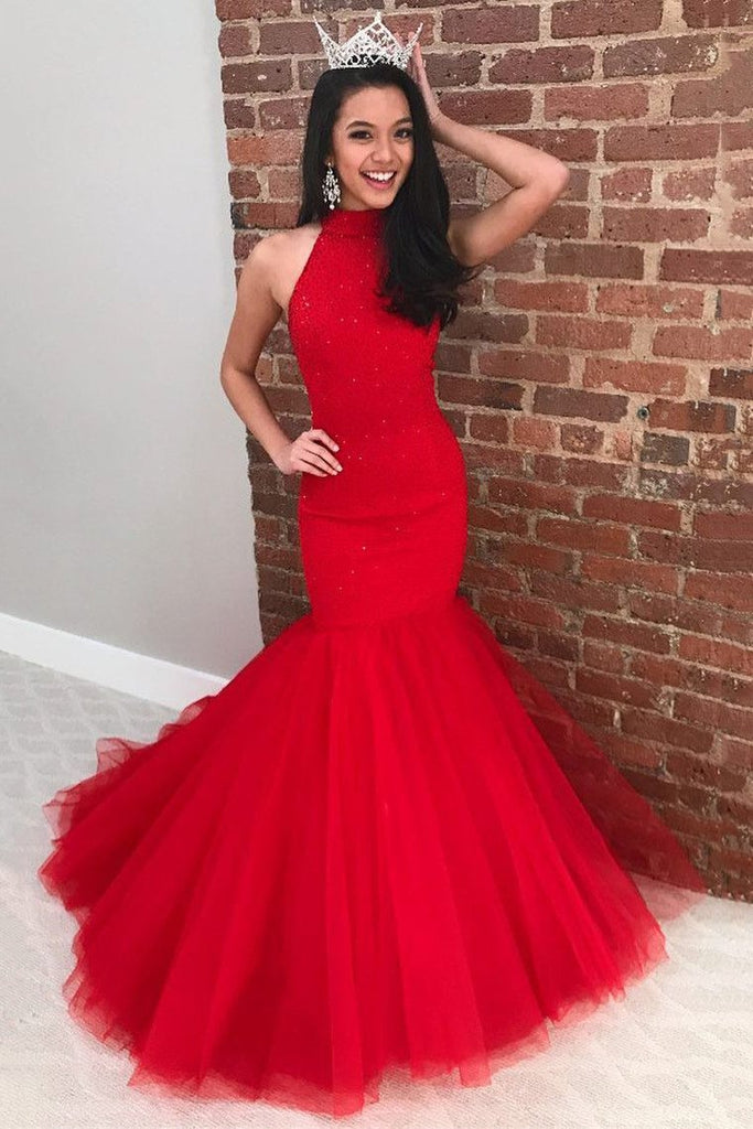 Sparkly Mermaid Red Halter Prom Dresses, Long Tulle Evening Dresses with Beading TD97