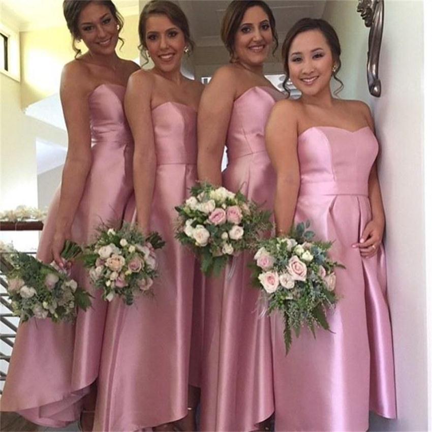 Unique A Line Sweetheart High Low Pink Sweetheart Bridesmaid Dresses with Pleats BD34
