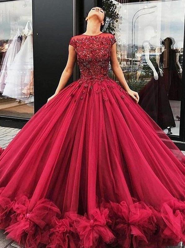 Ball Gown Burgundy Tulle Prom Dresses Scoop Beaded Long Formal Evening Gowns TD52
