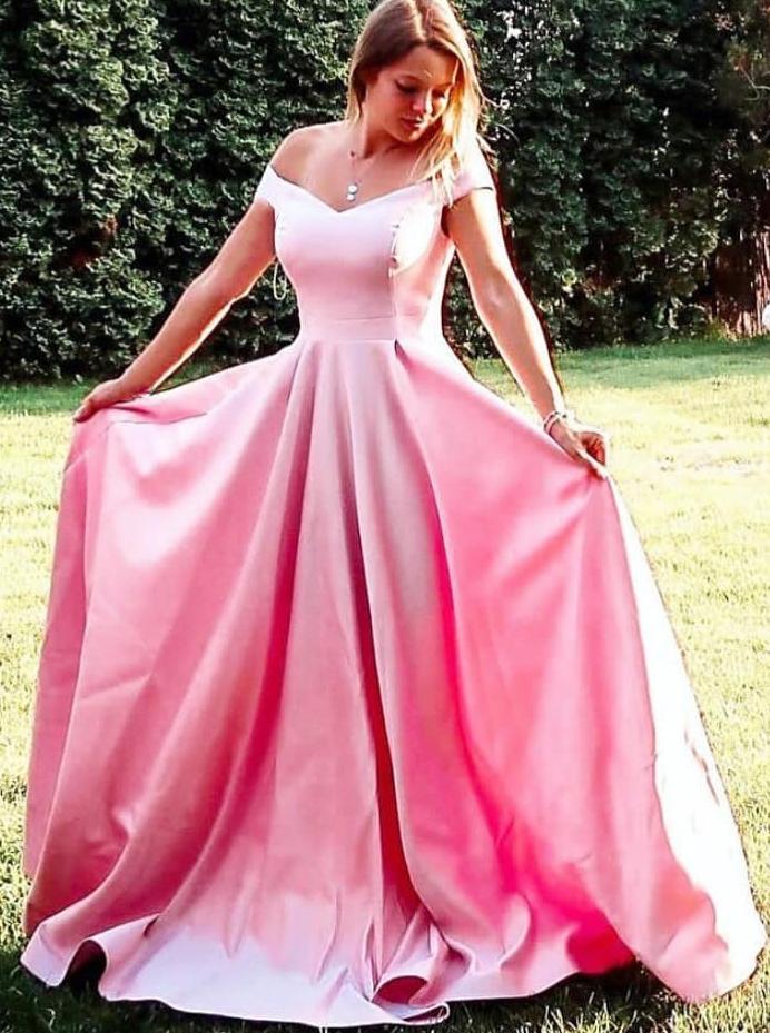 A-line off shoulder pink long prom dress, simple long graduation gown mg186