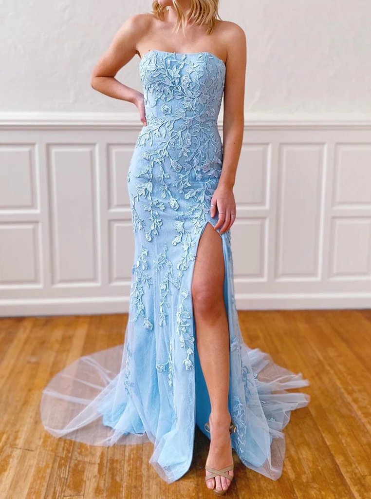 Sexy Strapless Mermaid Prom Dresses, Long Sky Blue Lace Appliques Evening Dresses PD166