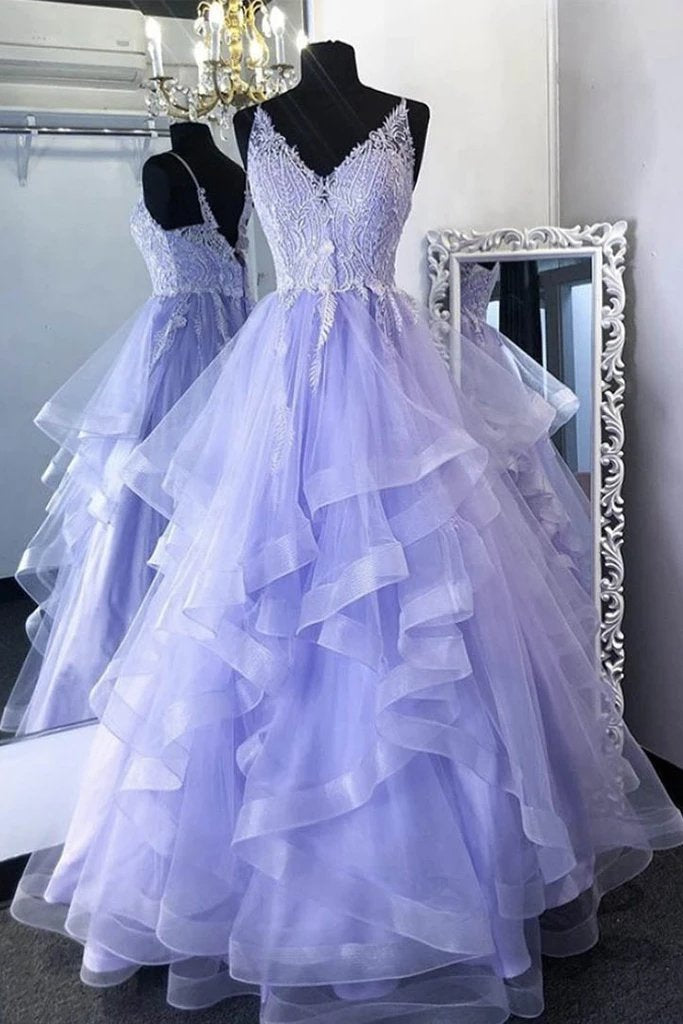 Princess Puffy Lilac Tulle Long Prom Dresses Ruffles Lace Appliques Formal Dresses TD116