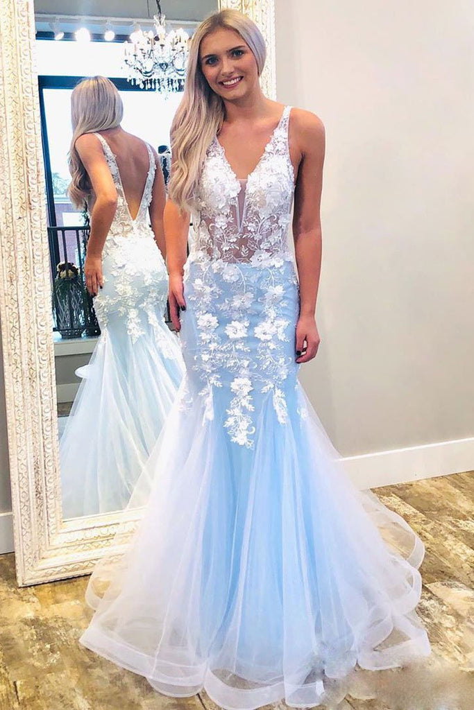 Charming Sky Blue Mermaid V Neck Prom Dresses with Lace Appliques, Formal Dresses PD142