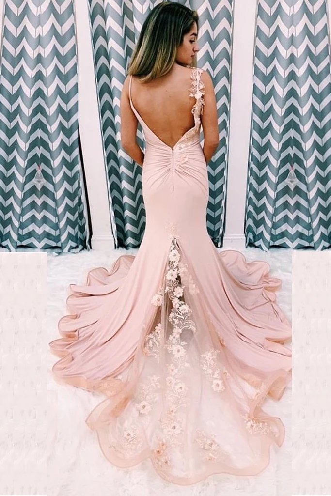 Elegant Mermaid V Neck Spaghetti Straps Pink Prom Dresses, Appliques Party Dresses TD100